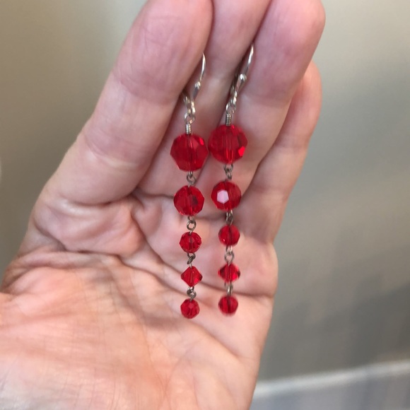Vintage Red Cut Crystal Sterling Silver Lever Back Earrings Long Dangle - Picture 11 of 16